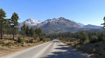 Fototapeta premium Sunlit highway through rocky hills and sparse vegetation in dry climate
