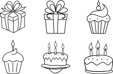 Birthday Party Icons Gifts, Cakes, Cupcakes, Candles, Celebration