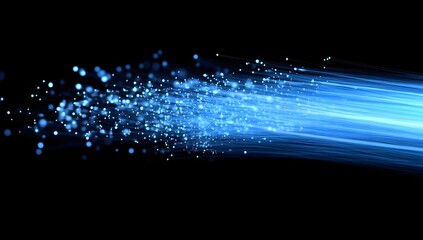 Blue light streak, data flow, dark background, technology concept