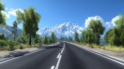 Two-lane road through lush green countryside with mountain backdrop