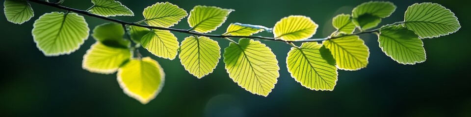 Fresh, Vibrant Green Leaves Backlit by Sunlight with Intricate Vein Detail in Springtime s Embrace