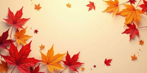 Autumnal foliage arrangement with vibrant red and orange leaves creating a border on a beige background