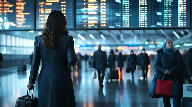 A woman in a tailored coat holding a suitcase handle while scanning the flight display, the bustling airport terminal filled with people moving in every direction in the background