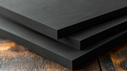 Stacked black panels on rustic wooden surface