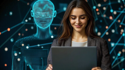 A woman is sitting in front of a laptop computer, smiling