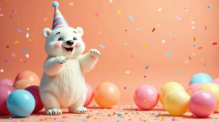 A jubilant polar bear celebrates a festive occasion amidst colorful balloons and confetti.
