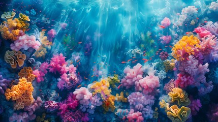 Obraz premium Vibrant underwater coral reef showcasing diverse marine life and colorful corals.