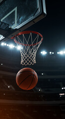 Basketball Swish! Action Shot of Ball Going Through Hoop in Stadium Lights. Feel the Game!