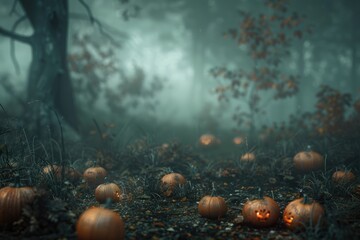 Halloween background featuring an enchanted pumpkin patch, with oversized pumpkins glowing softly, and a misty forest in the distance
