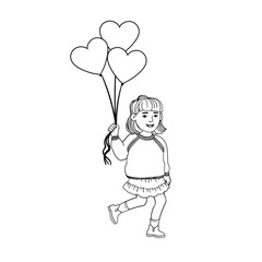 Vector Outline Illustration of a Little Girl Walks with Heart-Shaped Balloons Isolated on White Background