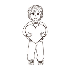 Vector Outline Illustration of a Little Boy Holds a Heart-Shaped Picture Isolated on White Background
