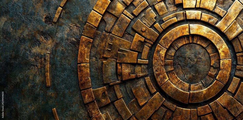Aufkleber ancient metallic circular mechanism embedded within a stone surface
