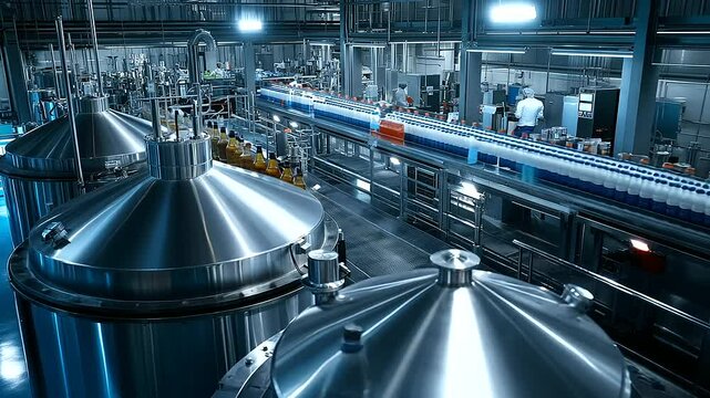 Overhead view of an advanced pharmaceutical factory, highlighting large stainless steel reactors, conveyor belts filled with medicine bottles, and highly controlled environments.