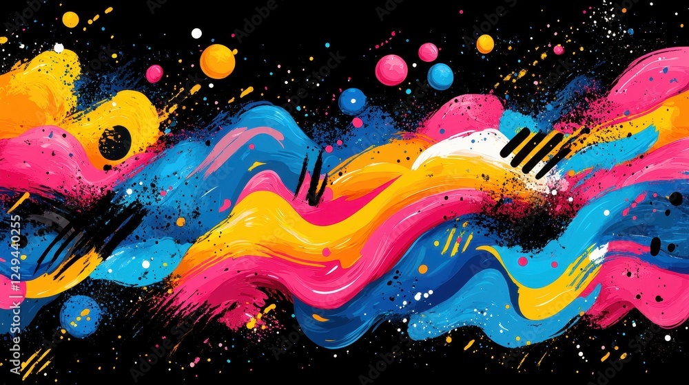 Poster vibrant abstract design with colorful waves and splashes on a black background.