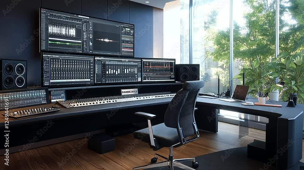 Poster a modern recording studio with a top-tier mixing console, dual widescreen monitors displaying daw so