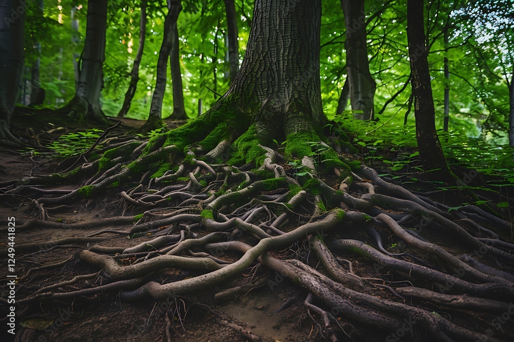 Poster a close-up of the intricate root system of a large tree, with roots spreading out over the forest fl