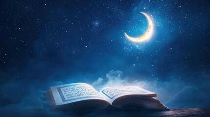 Fototapeta premium Open book under a night sky with a crescent moon, full of stars, a mystical scene.