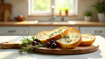 Sunlight illuminates freshly sliced bread, rosemary, and olives arranged on a wooden board in a bright kitchen setting