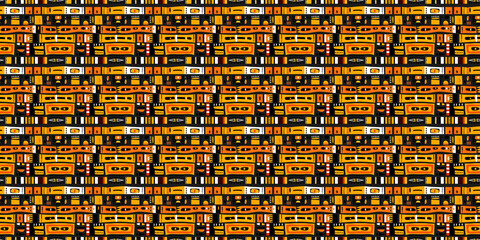Abstract African art shapes seamless backgrounds, tribal geometric decoration patterns. Colored flat boho symbols illustrations	