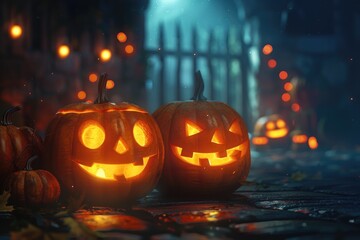 Traditional Halloween pumpkin glowing in the dark,on a wooden table. Halloween greeting card concept,dark atmosphere,web banner with empty space for text