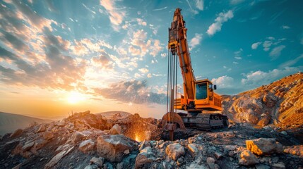 An excavator is actively digging into the rocky ground as the sun sets, casting warm golden light over the mountainous landscape.
