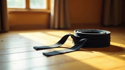 A rolled-up black martial arts belt rests on a sunlit wooden floor near a window, suggesting a moment of peaceful reflection or preparation for training.