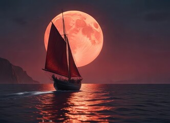 sailboat gliding across the calm sea under a blood-red moon, red moon, gliding, sky
