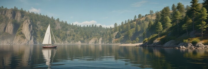 Obraz premium Sailboat navigating through calm waters near a shoreline with trees and hills in the background, horizon, ocean, sky