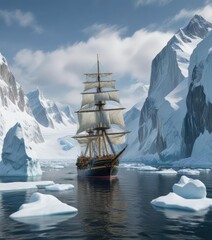 Fototapeta premium Sailing ship in Neumayer Channel with icebergs and snow , sailing ship, icebergs, neumayer channel