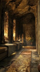 Stone beds sit inside of a candlelit ancient stone chamber