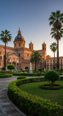 Fototapeta premium Palermo Cathedral at Sunset: A Sicilian Icon & Lush Gardens | Travel Photography, Architecture & History of Italy