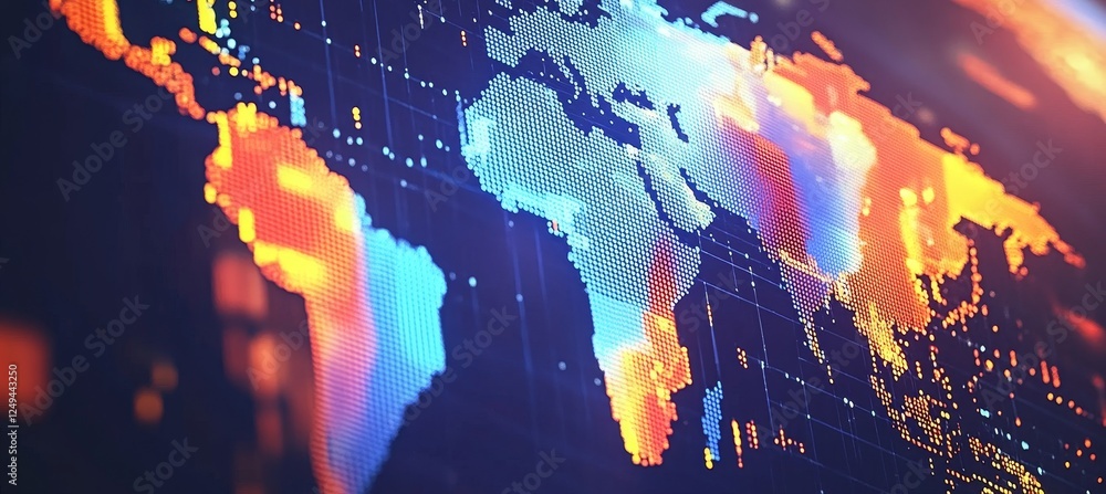 Poster global network and connectivity concept illuminated world map with light trails, pixelated effect.
