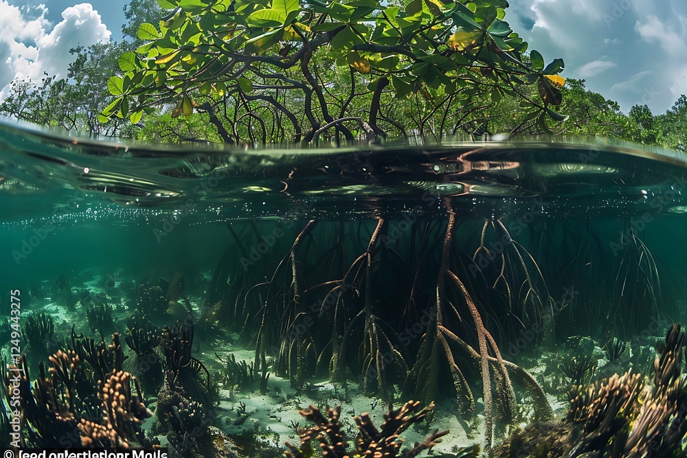 Poster a dense mangrove forest with trees growing out of the water, their roots forming a complex network a