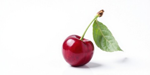 Obraz premium A single ripe, red cherry with a vibrant green leaf, meticulously presented against a stark white background, showcasing its juicy texture and natural beauty.