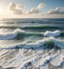 Obraz premium Sea surface with large white foamy waves and a distant horizon line , surf, sea