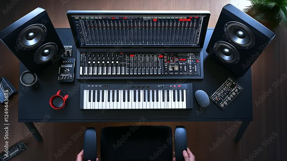 Poster a top-down view of a professional music studio workstation with an intricate audio mixing console, a