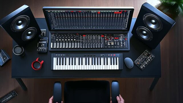 A top-down view of a professional music studio workstation with an intricate audio mixing console, a digital keyboard, and perfectly positioned studio speakers for optimal sound en