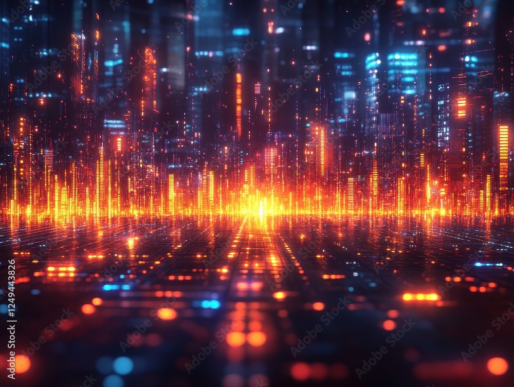 Poster futuristic cityscape with glowing data streams and digital elements.