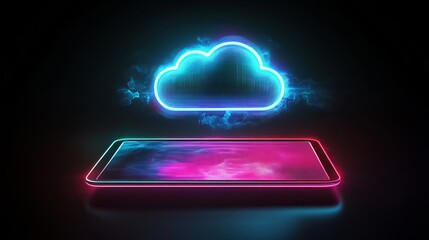 Fototapeta premium Neon cloud symbol over glowing tablet digital technology scene dark environment futuristic viewpoint
