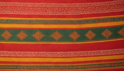 Sambalpuri Textile: Close-up of vibrant Sambalpuri handloom textile showcasing intricate geometric patterns in red, green, and gold.