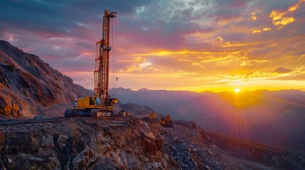 A drilling machine works diligently on rocky terrain as the sun sets behind majestic mountains, casting colorful hues across the sky and highlighting the contrast between nature and industry.