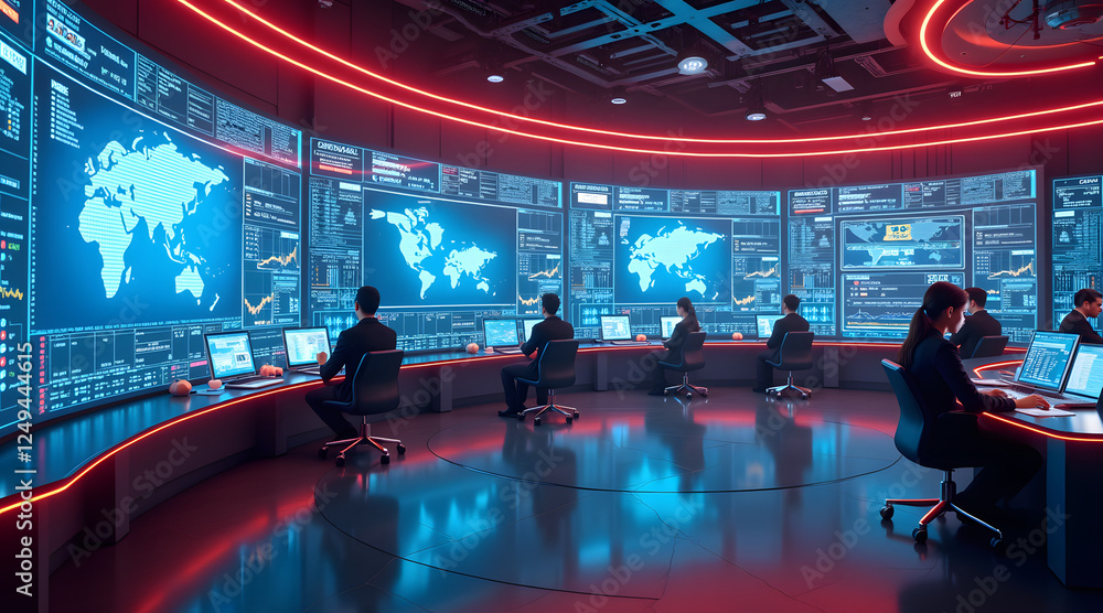 Poster a high-tech control room filled with diverse professionals, including men and women, working on comp