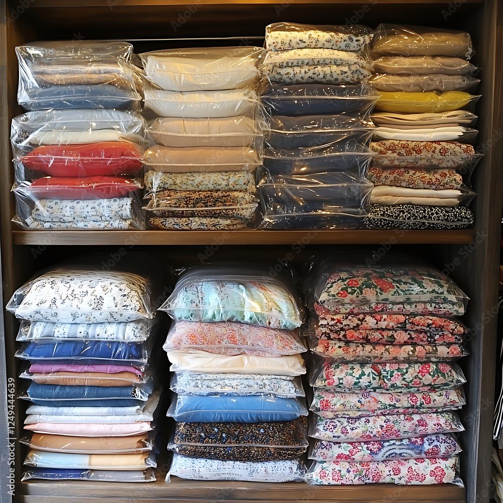 Aufkleber organized shelves display neatly packed bedding sets in various colors and patterns, showcasing blen
