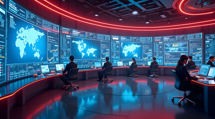 A high-tech control room filled with diverse professionals, including men and women, working on computer screens displaying data, charts, and global maps in a modern setting