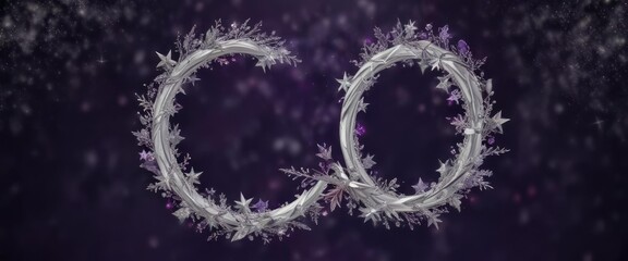 Silver Merry Christmas wreath with shining stars on a dark purple background, purple, sparkly garland