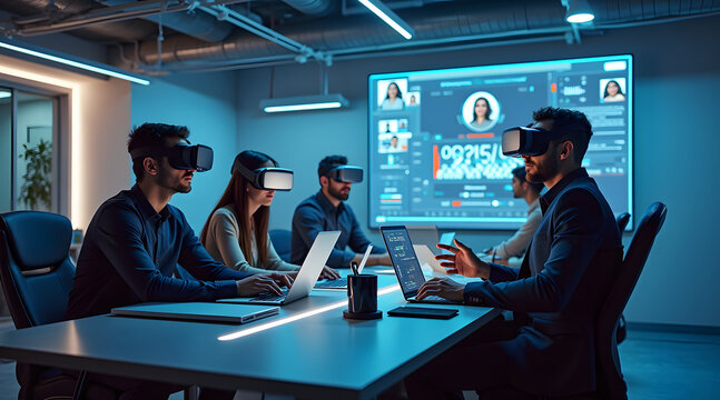 A group of diverse young adults engages in a virtual reality meeting, wearing headsets while using laptops in a modern conference room with digital displays - Powered by Adobe