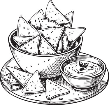 recommend clip art: Nachos Corn Chips Dip Snack Sketch Drawing Engraving Black and White Vector Illustration, Isolated, Line Linear Art