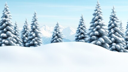 Naklejka premium Winter Wonderland with Snowy Trees - A picturesque winter landscape featuring snow-covered trees and distant mountains under a clear blue sky.