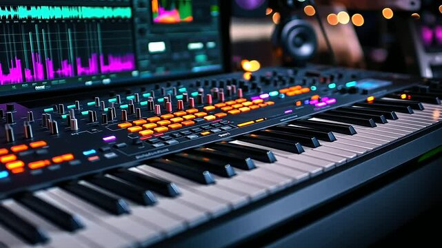 A vibrant creative space for music production, featuring a massive audio workstation, colorful LED pads, a responsive MIDI keyboard, and high-definition sound monitors.
