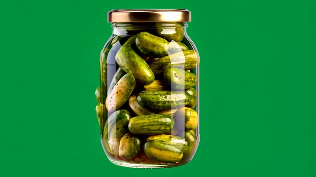 Crunchy pickles preserved in glass jar